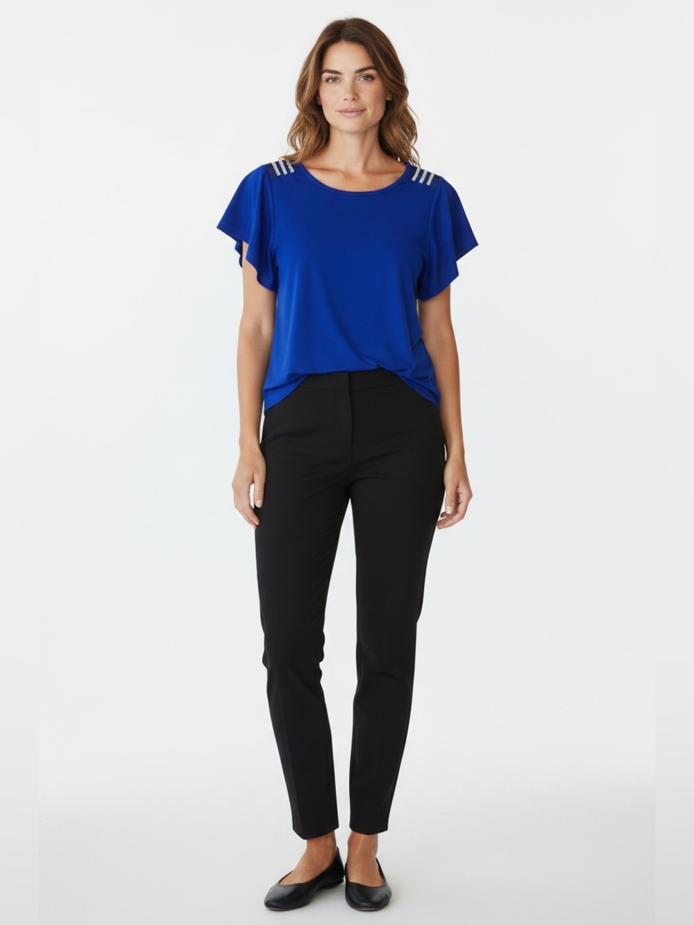 Louise Paris NWOT Royal Blue Short Sleeve Top W/Mesh & Rhinestones, Size Small